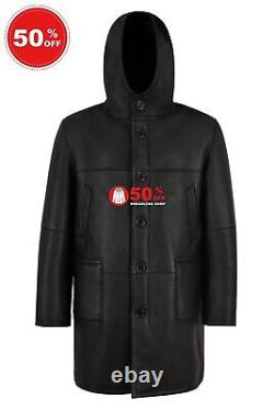 Men's Shearling Sheepskin Hooded Fur Parka Coat 100% Genuine RAF Classic 53410