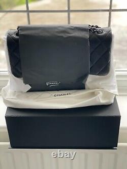 New Chanel So Black Jumbo Classic Double Flap Lambs Skin Rare Special Edition